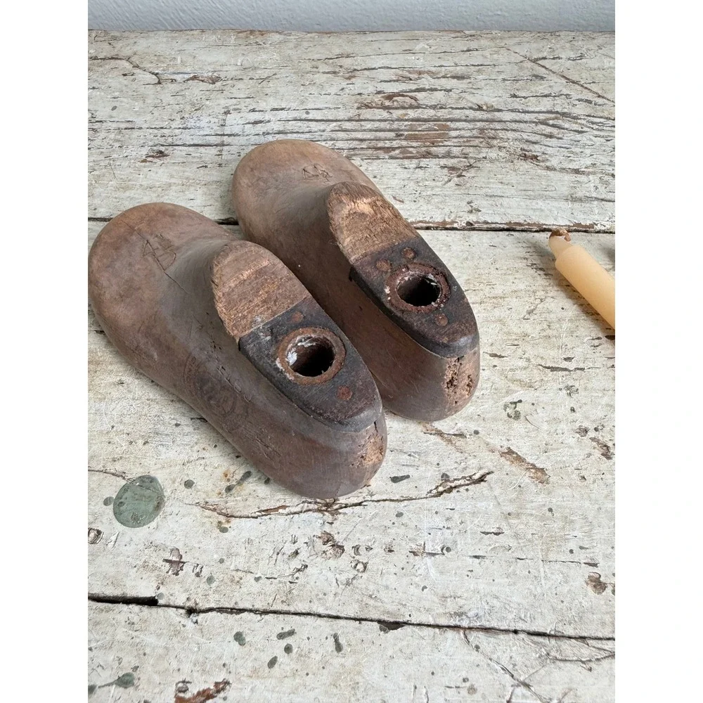 Vintage Wooden Child Shoe Last Candle Holders Cobbler Form Set Morton 150 4.5D